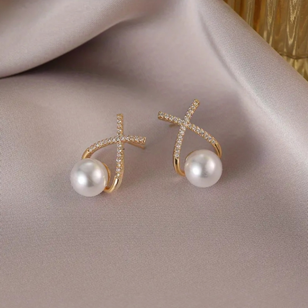 Gold Rhinestone Pearl Earrings - Picture 6 of 7
